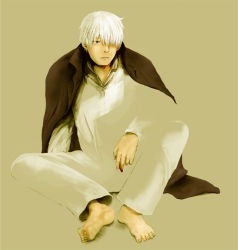 Rule 34 | 1boy, aoyagi, barefoot, cigarette, feet, ginko, green eyes, hair over one eye, male focus, mushishi, solo, white hair