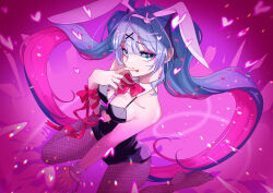 Rule 34 | 1girl, absurdres, animal ears, arm ribbon, blue eyes, blue hair, bow, bowtie, breasts, clothing cutout, detached collar, fake animal ears, feet, fishnet pantyhose, fishnets, hair ornament, hairband, hand to own mouth, handcuff dangle, hatsune miku, heart, heart-shaped pupils, heart cutout, highres, leotard, long hair, looking at viewer, no shoes, pantyhose, playboy bunny, rabbit ears, rabbit hair ornament, rabbit hole (vocaloid), ribbon, sitting, small breasts, smile, solo, symbol-shaped pupils, tongue, tongue out, tubu2tarako, twintails, very long hair, vocaloid, wariza, x hair ornament