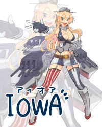 Rule 34 | 10s, 1girl, :d, belt, blonde hair, blue eyes, breasts, cleavage, elbow gloves, fingerless gloves, foreshortening, gloves, iowa (kancolle), kantai collection, large breasts, long hair, machinery, miniskirt, mogamiya honu, one eye closed, open mouth, skirt, smile, solo, standing, striped clothes, striped thighhighs, thighhighs, vertical-striped clothes, vertical-striped thighhighs, zoom layer