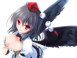 Rule 34 | 1girl, alternative facts in eastern utopia, bird wings, black bow, black bowtie, black hair, black skirt, black wings, black wristband, bow, bowtie, breasts, cleavage, closed mouth, clothes pull, collared shirt, commentary request, feathered wings, frilled skirt, frills, from above, happy, hat, large breasts, leaf print, lips, looking at viewer, medium hair, puffy short sleeves, puffy sleeves, red eyes, red hat, ribbon-trimmed shirt, shameimaru aya, shirt, short sleeves, simple background, skirt, smile, solo, tassel, tokin hat, touhou, white background, white shirt, wings, yamu (reverse noise)