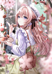 Rule 34 | 1girl, bag, black bow, blue eyes, blush, bow, branch, brown hair, cherry blossoms, closed mouth, commentary request, dress, flower, food, from behind, green dress, hair between eyes, hair bow, hands up, highres, holding, holding food, holding plate, long hair, long sleeves, macaron, original, pink flower, plate, puffy long sleeves, puffy sleeves, puracotte, shirt, shoulder bag, smile, very long hair, white headwear, white shirt