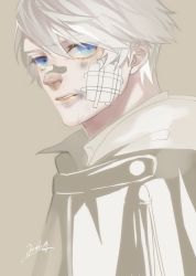 Rule 34 | 1boy, artist name, bandaid, bandaid on face, bandaid on nose, blue eyes, dated, devil may cry, devil may cry (series), devil may cry 4, dmc pa, gauze, grey background, injury, looking at viewer, male focus, nero (devil may cry), parted lips, robe, short hair, sideways glance, signature, simple background, solo, white hair, white robe, aged down
