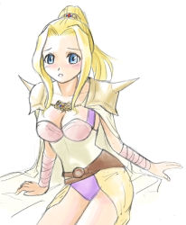 Rule 34 | 1990s (style), 1girl, blonde hair, blue eyes, blush, breasts, cape, female focus, final fantasy, final fantasy iv, hair ornament, leotard, long hair, ponytail, rosa farrell, shoulder pads, sitting, solo, tanyaoh, white background