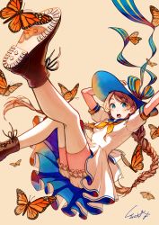 Rule 34 | 1girl, :o, akagi shun, blue eyes, blue ribbon, boots, braid, brown footwear, brown hair, bug, butterfly, commentary request, dress, falling, hands up, hat, hat ribbon, insect, long hair, looking at viewer, open mouth, original, ribbon, signature, simple background, solo, sun hat, twin braids, white dress, yellow background