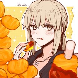 Rule 34 | 1girl, artoria pendragon (all), artoria pendragon (fate), aruti, black jacket, blonde hair, blush, collarbone, fate/grand order, fate (series), fingernails, food, hair between eyes, highres, holding, holding food, hood, hood down, hooded jacket, jacket, jewelry, long hair, looking at viewer, necklace, official alternate costume, open clothes, open jacket, ponytail, saber alter, saber alter (ver. shinjuku 1999) (fate), sidelocks, solo, tongue, tongue out, twitter username, yellow eyes