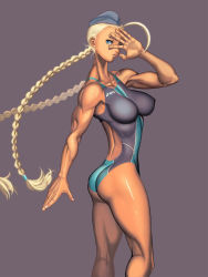 Rule 34 | 1girl, ahoge, ass, back cutout, bad anatomy, blonde hair, blue eyes, braid, breasts, cammy white, clothing cutout, competition swimsuit, covering face, female focus, garrison cap, hat, hayakawa sonchou, highres, huge ahoge, impossible clothes, kneepits, large breasts, long hair, muscular, muscular female, one-piece swimsuit, poorly drawn, solo, street fighter, swimsuit, tan, twin braids
