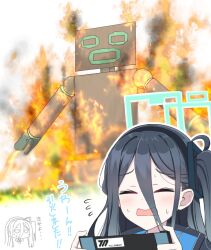 Rule 34 | &lt;key&gt; (blue archive), 1girl, aris (blue archive), blue archive, blue hair, blush, cardboard, closed mouth, commentary request, dark blue hair, fire, hair between eyes, halo, handheld game console, headband, hoshino ouka, jacket, long hair, open mouth, playing games, robot, school uniform, solo, translation request, white background
