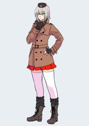 Rule 34 | 10s, 1girl, black footwear, black gloves, black hat, black jacket, black thighhighs, blue eyes, boots, brown coat, closed mouth, coat, cross-laced footwear, fingerless gloves, full body, garrison cap, girls und panzer, gloves, grey background, hand on own hip, hand to neck, hat, highres, itsumi erika, jacket, kani aruki (bucket crawl), kuromorimine military uniform, lace-up boots, layered legwear, long hair, long sleeves, looking to the side, military, military hat, military uniform, miniskirt, pleated skirt, red skirt, silver hair, simple background, skirt, socks, solo, standing, thighhighs, throat microphone, trench coat, uniform, white socks, winter uniform, zettai ryouiki