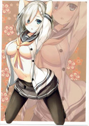 Rule 34 | 10s, arms up, black pantyhose, blue eyes, breasts, cleavage, clothes pull, hair ornament, hair over one eye, hairclip, hamakaze (kancolle), highres, kantai collection, kikuchi seiji, kneeling, looking at viewer, medium breasts, navel, no bra, open clothes, open shirt, pantyhose, pleated skirt, scan, school uniform, serafuku, shirt, silver hair, skirt, skirt pull, solo, zoom layer