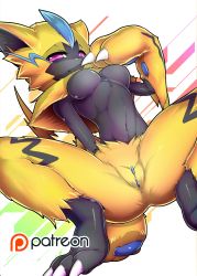Rule 34 | 1girl, animal hands, anus, blue eyes, breasts, claws, cleft of venus, clitoris, creatures (company), fang, female focus, furry, furry female, game freak, gen 7 pokemon, highres, kicktyan, legendary pokemon, looking at viewer, medium breasts, multicolored eyes, mythical pokemon, nintendo, nipples, no humans, no nipples, nude, patreon logo, pink eyes, pokemon, purple eyes, pussy, smile, solo, spread legs, uncensored, zeraora