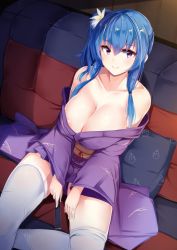 Rule 34 | 1girl, areola slip, azur lane, bare shoulders, blue hair, blush, breasts, cleavage, closed mouth, collarbone, flower, hair between eyes, hair flower, hair ornament, hand fan, highres, holding, holding fan, indoors, irohara, japanese clothes, kimono, large breasts, long hair, long sleeves, looking at viewer, off shoulder, one side up, purple eyes, purple kimono, sidelocks, sitting, smile, solo, st. louis (azur lane), thighhighs, white thighhighs, wide sleeves