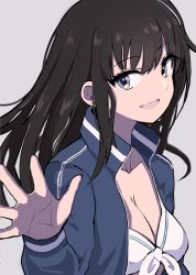 Rule 34 | 1girl, :d, bikini, bikini top only, bikini under clothes, black hair, blue eyes, blue jacket, breasts, cleavage, collarbone, commentary request, front-tie bikini top, front-tie top, grey background, hand up, hinomaru (futagun), jacket, long hair, long sleeves, looking at viewer, medium breasts, open clothes, open jacket, open mouth, original, simple background, smile, solo, swimsuit, white bikini