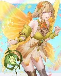 Rule 34 | 1girl, :d, ai tkkm, blonde hair, breasts, cleavage, detached sleeves, dress, fairy, fairy wings, fire emblem, fire emblem heroes, flower, hair flower, hair ornament, hairband, highres, large breasts, looking at viewer, nintendo, open mouth, peony (fire emblem), pointy ears, purple eyes, rainbow, see-through, see-through cleavage, sleeve cuffs, smile, solo, thighhighs, wings