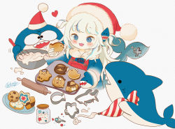 Rule 34 | 1girl, baking, bloop (gawr gura), blue eyes, blue hair, blush, chikuwa emil, commentary, cookie, cookie cutter, english commentary, fins, fish tail, food, gawr gura, hat, heart, holding, holding tray, hololive, hololive english, icing, multicolored hair, open mouth, pastry bag, rolling pin, santa hat, shark, shark tail, sharp teeth, silver hair, smile, solo, streaked hair, tail, takodachi (ninomae ina&#039;nis), teeth, tray, two side up, virtual youtuber