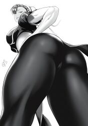 Rule 34 | 1girl, absurdres, ass, breasts, cameltoe, capcom, chinese clothes, chun-li, cleft of venus, from below, greyscale, hair bun, half-closed eyes, hand on own hip, highres, large breasts, lips, looking at viewer, monochrome, mostlybluewyatt, muscular, muscular female, pantyhose, parted lips, simple background, smile, solo, street fighter, thick thighs, thighs, white background