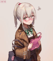Rule 34 | 1girl, arm up, bag, bandaid, bandaid on hand, black bag, blush, bow, bowtie, brown coat, charm (object), closed mouth, coat, collar, collared shirt, commentary request, diagonal stripes, furrowed brow, gift bag, glasses, green bow, green eyes, green neckwear, grey hair, hair between eyes, heart, holding, holding bag, long sleeves, looking at viewer, original, pink-framed eyewear, pink bag, ponytail, rabbit, round eyewear, shirt, shoulder bag, solo, squiggle, striped bow, striped bowtie, striped clothes, striped neckwear, sweatdrop, tan background, valentine, white collar, wing collar, yutsumoe
