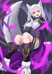 Rule 34 | 1girl, absurdres, animal ears, animal hands, aura, collar, dark aura, fire emblem, fire emblem awakening, fire emblem heroes, fur trim, gloves, grima (fire emblem), halloween costume, highres, long sleeves, nintendo, open mouth, paw gloves, red eyes, robin (female) (fire emblem), robin (fire emblem), shorts, solo, tail, thigh strap, twintails, tyotto ko i, white hair, wolf ears, wolf tail