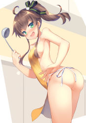 Rule 34 | 1girl, ahoge, apron, ass, blush, breasts, brown hair, green eyes, hair ornament, highres, holding, holding ladle, hololive, hoppege, ladle, long hair, looking to the side, naked apron, natsuiro matsuri, open mouth, ribbon, side ponytail, sideboob, simple background, small breasts, smile, solo, thighs, virtual youtuber, yellow apron