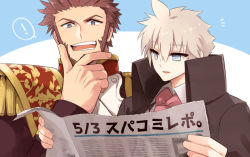 Rule 34 | !, 2boys, beard, blue eyes, brown hair, charles-henri sanson (fate), commentary request, epaulettes, facial hair, fate/grand order, fate (series), holding, holding newspaper, kanzaki (bluegarden), long sideburns, long sleeves, male focus, multiple boys, napoleon bonaparte (fate), newspaper, reading, simple background, smile, uniform, white hair