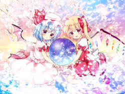 Rule 34 | 2girls, ahoge, bat wings, blonde hair, blouse, blue hair, branch, cherry blossoms, flandre scarlet, gradient sky, hair ribbon, hat, hat ribbon, holding orb, lens flare, light particles, looking at viewer, mary janes, mob cap, multiple girls, no headwear, open mouth, orb, outdoors, petals, pink shirt, pink skirt, puffy short sleeves, puffy sleeves, red eyes, red footwear, red skirt, red vest, reflection, remilia scarlet, ribbon, rikatan, seiza, shirt, shoes, short hair, short sleeves, siblings, side ponytail, sisters, sitting, skirt, sky, touhou, triangle mouth, twilight, vest, water, wings, wrist cuffs
