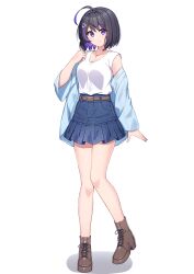Rule 34 | 1girl, ahoge, ankle boots, belt, black hair, blue jacket, blue skirt, boots, brown footwear, colored inner hair, commentary request, full body, hair ornament, hairclip, highres, jacket, jewelry, looking at viewer, multicolored hair, necklace, off shoulder, original, pigeon-toed, purple eyes, purple hair, shadow, shirt, shirt tucked in, simple background, skirt, sleeveless, sleeveless shirt, smile, solo, standing, t@ke-g, tachi-e, triangle hair ornament, white background, white shirt