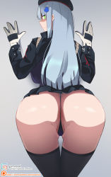 Rule 34 | 1girl, against wall, annoyed, ass, beret, boca, from behind, girls&#039; frontline, gloves, green eyes, hat, highres, hk416 (girls&#039; frontline), huge ass, long hair, looking at viewer, looking back, military, military uniform, miniskirt, shaded face, shiny skin, silver hair, skirt, solo, thighhighs, thong, uniform