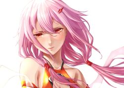 Rule 34 | 1girl, absurdres, bare shoulders, blush, center opening, clip studio paint (medium), detached sleeves, floating hair, goyachanpuru, guilty crown, hair ornament, hair over shoulder, hairclip, highres, kuudere, long hair, looking down, parted lips, pink hair, red eyes, sidelocks, simple background, solo, twintails, white background, yuzuriha inori