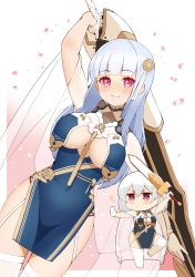Rule 34 | 2girls, azur lane, blue dress, blunt bangs, blush, breast curtains, breasts, cap105, cape, carrying overhead, chibi, chibi inset, china dress, chinese clothes, closed mouth, commentary request, cosplay, covered navel, cowboy shot, dido (azur lane), dress, dutch angle, flower, full body, garter straps, gloves, hair between eyes, hair flower, hair ornament, half gloves, highres, holding, holding sword, holding weapon, large breasts, long hair, looking at viewer, multiple girls, neckwear between breasts, pelvic curtain, pink background, purple eyes, red eyes, revealing clothes, see-through, short hair, sirius (azur lane), sirius (azur lane) (cosplay), sirius (azure horizons) (azur lane), skindentation, sleeveless, sleeveless dress, smile, sparkle, standing, standing on one leg, sword, teeth, thighhighs, underboob, weapon, white gloves, white hair, white legwear