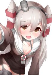 Rule 34 | 10s, 1girl, amatsukaze (kancolle), bad id, bad pixiv id, black panties, boruhis, breasts, brown eyes, cleavage, collar, collarbone, dress shirt, garter straps, grey hair, hair ornament, heart, heart-shaped pupils, kantai collection, long hair, open mouth, panties, see-through, shirt, simple background, small breasts, solo, symbol-shaped pupils, underwear, white background