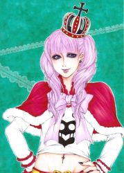 Rule 34 | 1girl, bow, crown, earrings, female focus, hands on own hips, jewelry, long hair, one piece, perona, pink hair, purple eyes, short cape, solo, traditional media, twintails