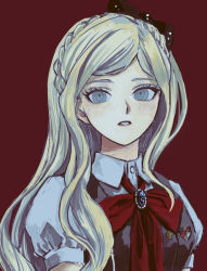 Rule 34 | 1girl, a12740807, black bow, blush, bow, braid, brooch, collar, collared shirt, commentary request, danganronpa (series), danganronpa 2: goodbye despair, grey eyes, grey hair, hair bow, hair ornament, jewelry, long hair, looking at viewer, parted lips, puffy short sleeves, puffy sleeves, red background, red neckwear, shirt, short sleeves, sidelocks, simple background, solo, sonia nevermind, upper body, vest, waistcoat, white shirt