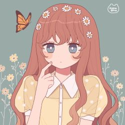 Rule 34 | 1girl, blouse, bright pupils, brown flower, brown hair, bug, butterfly, collared shirt, emma (kumaema), flower, grey background, grey eyes, hair flower, hair ornament, hand up, highres, index finger raised, insect, long hair, orange butterfly, original, see-through, see-through sleeves, shirt, short sleeves, solo, white flower, white pupils, yellow flower, yellow shirt
