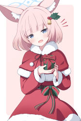 Rule 34 | 1girl, animal ear fluff, animal ears, bell, belt, black belt, blue archive, blue eyes, blue halo, blush, box, capelet, christmas, dress, fox ears, gift, gift box, green ribbon, hair bell, hair ornament, halo, highres, holding, holding gift, long sleeves, looking at viewer, niko (blue archive), open mouth, pink hair, red capelet, red dress, ribbon, santa capelet, santa dress, short hair, smile, solo, zundamochi (sera)