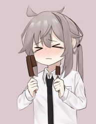 Rule 34 | &gt; &lt;, 1girl, ahoge, black necktie, blush, breast pocket, brown background, chocolate, closed mouth, collared shirt, dot nose, double popsicle, food, girls&#039; frontline, highres, holding, holding food, holding popsicle, m200 (girls&#039; frontline), necktie, nose blush, pepsi2330, pocket, ponytail, popsicle, shirt, simple background, solo, tearing up, tears, unequal popsicle division, white shirt