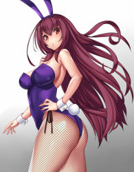 Rule 34 | 1girl, animal ears, bare shoulders, breasts, cleavage, covered erect nipples, covered navel, fake animal ears, fate/grand order, fate (series), fishnets, highres, leotard, long hair, looking at viewer, official alternate costume, pantyhose, playboy bunny, purple hair, rabbit ears, rabbit tail, red eyes, scathach (fate), scathach (piercing bunny) (fate), strapless, strapless leotard, tail, takanashi-a, white background, wrist cuffs