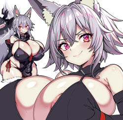 Rule 34 | 1girl, animal ears, areola slip, black gloves, black leotard, blush, breasts, cat ears, covered erect nipples, curvy, elbow gloves, eyelashes, female focus, gloves, grabbing own breast, grey hair, grin, hair between eyes, highres, huge breasts, impossible clothes, kyosuke fujiwara, leotard, looking at viewer, red eyes, shiny skin, short hair, sidelocks, skin tight, skindentation, smile, solo, thick thighs, thighs, upper body, white background, wide hips