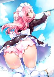 Rule 34 | 1girl, apron, ass, bloomers, blush, day, drying, drying clothes, from behind, long hair, looking back, maid, maid apron, maid headdress, md5 mismatch, moe2015, open mouth, original, pink bloomers, pink hair, red eyes, ruri rarako, skirt, solo, thighhighs, thighs, underwear, white thighhighs