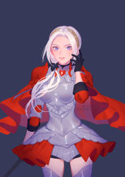 Rule 34 | 1girl, axe, cape, closed mouth, edelgard von hresvelg, fire emblem, fire emblem: three houses, fire emblem warriors: three hopes, gloves, hair ornament, hair ribbon, highres, long hair, looking at viewer, nintendo, official alternate costume, official alternate hairstyle, purple eyes, red cape, ribbon, saphirya, simple background, solo, white hair