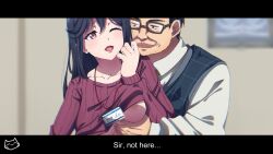 Rule 34 | 1boy, 1girl, age difference, anime screenshot, black hair, blush, breasts, closed mouth, couple, english text, facial hair, formal, glasses, hand on another&#039;s chest, indoors, keihh, lipstick, long hair, makeup, medium breasts, ohtori saori, old, old man, one eye closed, open mouth, red lips, screencap, short hair, smile, zom 100: zombie ni naru made ni shitai 100 no koto