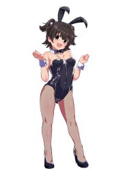 Rule 34 | 1girl, akagi miria, animal costume, animal ears, bare shoulders, black bow, black bowtie, black footwear, black leotard, bow, bowtie, breasts, brown eyes, brown hair, collar, commentary, covered navel, cuffs, detached collar, fake animal ears, fishnet pantyhose, fishnets, high heels, highres, idolmaster, idolmaster cinderella girls, legs, leotard, looking at viewer, pantyhose, playboy bunny, rabbit ears, shift (waage), shoes, short twintails, small breasts, strapless, strapless leotard, thighs, twintails, white background, wrist cuffs