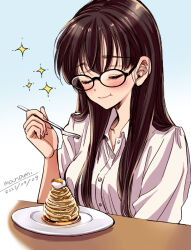 Rule 34 | 1girl, :t, artist name, black-framed eyewear, blue background, blush, breasts, brown hair, buttons, closed eyes, closed mouth, collared shirt, commentary request, dated, dress shirt, eating, food, fork, glasses, gradient background, hand up, himawari-san, himawari-san (character), holding, holding fork, long hair, medium breasts, mont blanc (food), nail polish, pink nails, plate, shirt, short sleeves, signature, simple background, solo, sparkle, sugano manami, upper body, white shirt