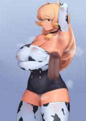 Rule 34 | animal ears, animal print, arm up, armpits, arms on head, bell, blonde hair, breasts, choker, covered erect nipples, cow ears, cow print, cowbell, cowboy shot, curvy, dark elven forest ranger, elbow gloves, eyebrows hidden by hair, gloves, high-waist shorts, highres, horns, huge breasts, inverted nipples, last origin, long hair, mature female, moebell, presenting armpit, purple eyes, shorts, skindentation, solo, steaming body, sweat, tan, thick thighs, thighhighs, thighs, wiping sweat