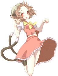 Rule 34 | 1girl, :d, animal ears, blush, brown hair, cat ears, cat girl, cat tail, chen, earrings, female focus, jewelry, kuronuko neero, legs up, multiple tails, open mouth, paw pose, red eyes, short hair, simple background, single earring, skirt, smile, solo, tail, touhou, white background