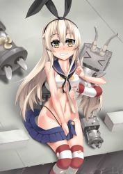 Rule 34 | 10s, 1girl, absurdres, brown eyes, carrying, carrying under arm, elbow gloves, fingernails, gloves, grin, hairband, highres, kantai collection, light brown hair, long hair, looking at viewer, luonawei, machinery, navel, pleated skirt, rensouhou-chan, school uniform, serafuku, shimakaze (kancolle), shiny skin, sitting, skirt, smile, striped clothes, striped thighhighs, thighhighs, thong, torn clothes, turret, v, zettai ryouiki