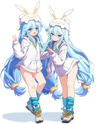 2girls absurdres animal_hat aqua_hair aqua_socks blue_eyes blush gold_bow hair_ornament hat highres hood hoodie long_hair looking_at_viewer loose_socks multiple_girls near_(sound_voltex) no_pants noah_(sound_voltex) open_mouth rabbit_hat shadow shoes short_eyebrows siblings sisters smile smug socks sound_voltex standing standing_on_one_leg star_(symbol) star_hair_ornament thick_eyebrows thighs twins two_side_up v very_long_hair white_background white_hoodie white_sneakers yunbeiiiii