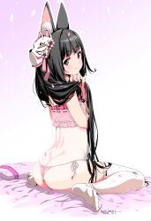 Rule 34 | 1girl, absurdres, animal ear fluff, animal ears, ass, azur lane, black hair, brown eyes, butt crack, camisole, feet, fox ears, fox girl, fox mask, from behind, futon, hair lift, highres, holding, holding own hair, long hair, looking at viewer, looking back, mask, mask on head, nagato (azur lane), nagato (great fox&#039;s respite) (azur lane), no shoes, panties, pillow, red camisole, red panties, see-through, side-tie panties, sitting, soles, solo, thighhighs, thighs, umyonge (lkakeu), underwear, underwear only, very long hair, white thighhighs