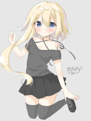 Rule 34 | 1girl, bare shoulders, black footwear, black ribbon, black skirt, black sweater, black thighhighs, blonde hair, blue eyes, blush, closed mouth, collarbone, criss-cross halter, full body, grey background, hair between eyes, halterneck, hand up, highres, long hair, looking at viewer, off-shoulder, off-shoulder sweater, off shoulder, original, pleated skirt, ribbon, shoes, signature, simple background, skirt, solo, sweater, thighhighs, tia-chan, uchuuneko, very long hair