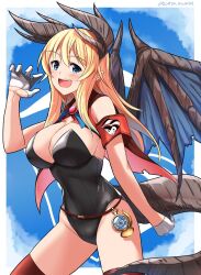 Rule 34 | 1girl, absurdres, black leotard, blonde hair, blue eyes, blush, breasts, cape, cleavage, dragon girl, dragon horns, dragon tail, dragon wings, gloves, highres, hiroshi (hunter-of-kct), horns, large breasts, leotard, long hair, looking at viewer, open mouth, original, signature, smile, solo, tail, watch, white gloves, wings