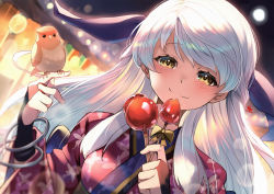 Rule 34 | 1girl, animal, animal on shoulder, animal print, bird, bird on shoulder, bracelet, butterfly print, candy apple, closed mouth, fire emblem, fire emblem: radiant dawn, fire emblem heroes, food, highres, holding, japanese clothes, jewelry, kimono, long hair, micaiah (fire emblem), nakabayashi zun, nintendo, official alternate costume, silver hair, smile, solo, upper body, yellow eyes, yukata, yune (fire emblem)