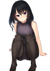 Rule 34 | 1girl, black hair, black pantyhose, blush, breasts, closed mouth, full body, highres, kagematsuri, knees up, looking at viewer, medium breasts, no shoes, original, pantyhose, purple eyes, purple sweater, ribbed sweater, short hair, shorts, simple background, sitting, sleeveless, smile, solo, sweater, thighband pantyhose, tsurime, turtleneck, turtleneck sweater, wavy hair, white background